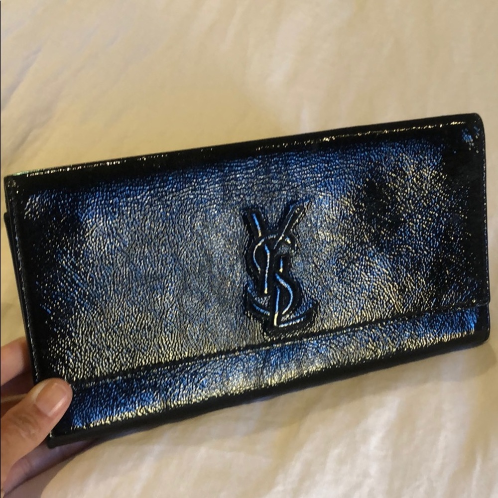 YSL black patent clutch